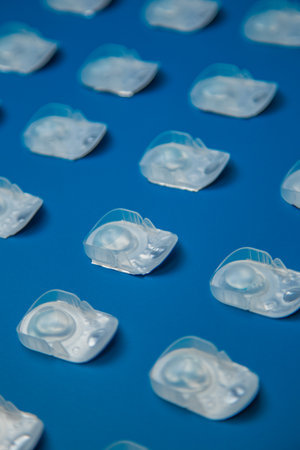 A top view of one-day contact lenses in a disposable protective case lying on a blue background at the same distance. The concept of ophthalmology, vision correction, eye care. High quality photoの写真素材
