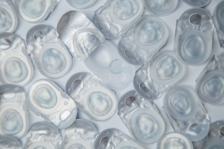 Close-up: many daily contact lenses in a disposable protective case, in which clear lenses float,...