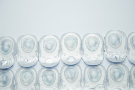 Many daily contact lenses in a disposable protective case lie at the bottom on a white background with space for text. The concept of ophthalmology, vision correction, eye care. High quality photoの写真素材