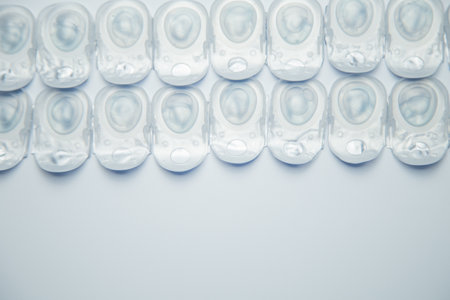 Several rows of daily contact lenses in a disposable protective case lie on top of a white background with space for text. The concept of ophthalmology, vision correction, eye care. High quality photoの写真素材