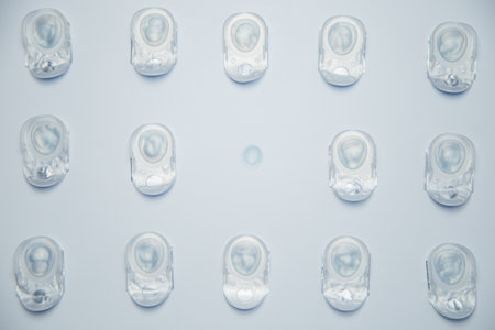 Top view of the layout of daily disposable contact lenses in disposable protective packaging and transparent contact lens on a white background in the center. The concept of ophthalmology, vision correction, eye care. High quality photoの写真素材