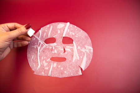 Hand with dropper applies serum to facial mask on bright red background, emphasizing skincare routine and beauty treatment for rejuvenating and nourishing skinの写真素材