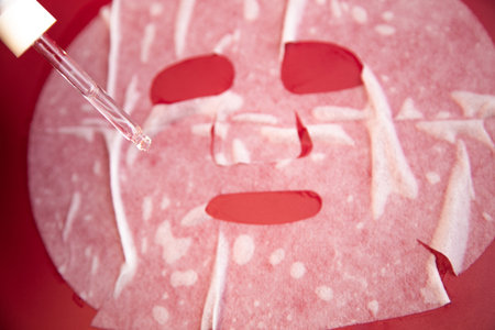 Skincare facial mask sheet positioned on a bright red background, with a dropper releasing serum, highlighting beauty treatment and self-care practicesの写真素材