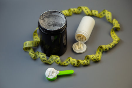 Dietary supplement container with green scoop and white pill bottle, surrounded by measuring tape on gray surface, representing health, wellness, and fitness goalsの写真素材