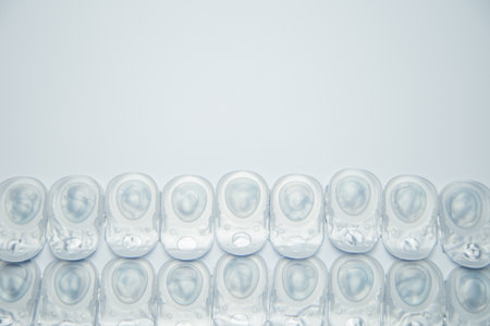 Many daily contact lenses in a disposable protective case lie at the bottom on a white background with space for text. The concept of ophthalmology, vision correction, eye care. High quality photoの写真素材