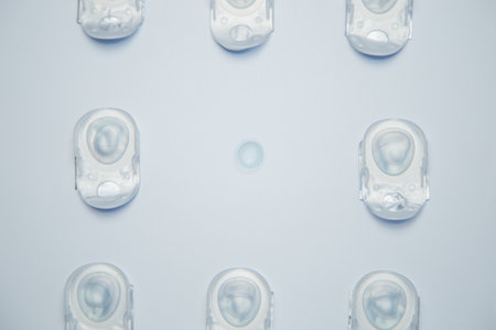Top view of the layout of daily disposable contact lenses in disposable protective packaging and transparent contact lens on a white background in the center. The concept of ophthalmology, vision correction, eye care. High quality photoの写真素材