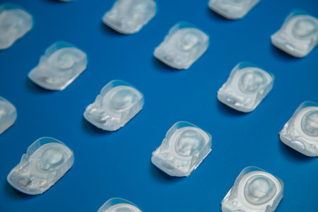 Folding is a one-day contact lens in a disposable protective case, which lie on a blue background. The concept of ophthalmology, vision correction, eye care. High quality photoの写真素材
