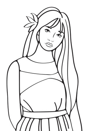 Summer vector doodle illustration with girl in dress and flower in long hair, romantic style, fashion modelのイラスト素材