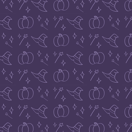 Halloween pattern with pumpkin, magic wand and witch's hat on purple backgroundのイラスト素材