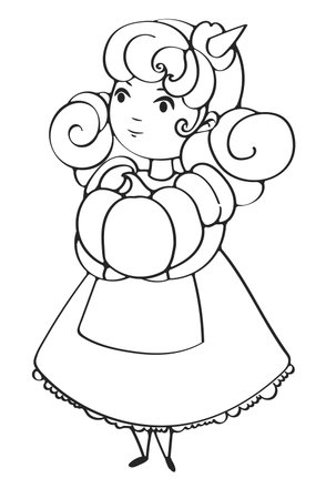 Outline doodle illustration character little halloween witch with pumpkin in hands and curly hairのイラスト素材