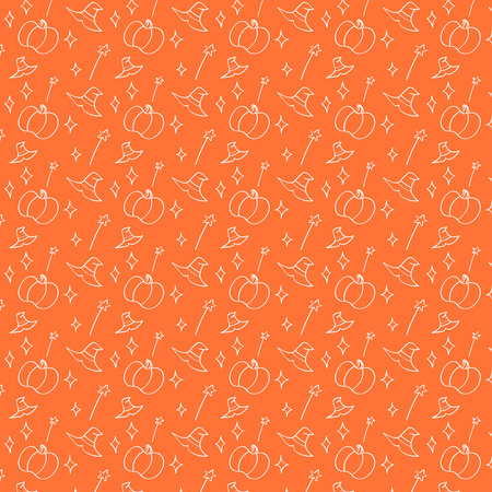 Halloween pattern with pumpkin, magic wand, stars and witch's hat on orange backgroundのイラスト素材