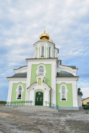 Orthodox Holy ascension Church on background of blue sky in Nesvizh, Belarus.の写真素材