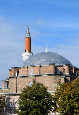 A view of the Banya Bashi Mosque on blue sky background, in Sofia, Bulgaria.の写真素材