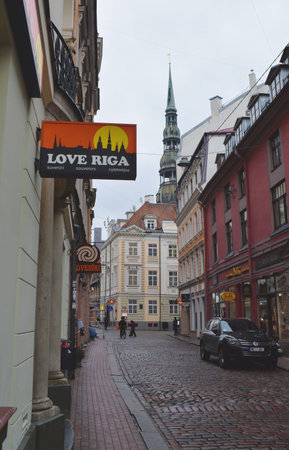 Riga, Latvia - November 3, 2016: Riga - capital of Latvia and largest city of the Baltic countries. There are buildings of different styles from the medieval architecture of the old town to modern and contemporary architecture.のeditorial素材