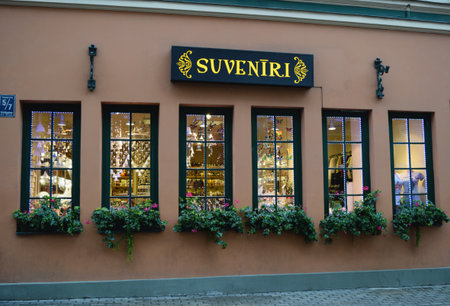 Riga, Latvia - 3 November 2016: In Riga many stores located in historic buildings.のeditorial素材