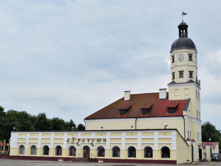 Nesvizh, Belarus - August 1, 2016: Nesvizh town hall is the monument of architecture of Belarus XVIâXVIII centuries. Located in the Central part of the town of Nesvizh, in the square and includes the town hall and shopping arcades at the sides.のeditorial素材