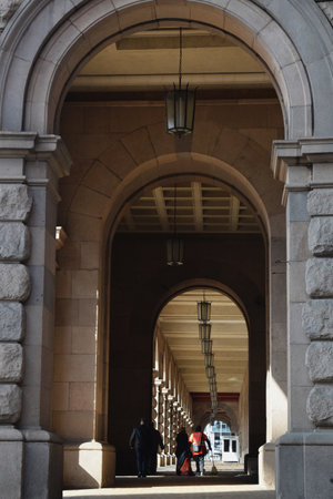 Sofia, Bulgaria - October 18, 2016: the Enfilade of arches of the Council of Ministers building in downtown Sofia. The building in the Stalinist style of 50-s.のeditorial素材