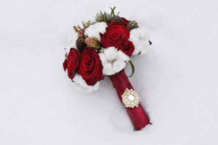 Beautiful celebratory bouquet of red roses and cones on white snow.の写真素材