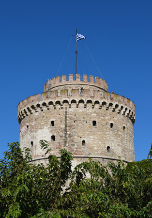 Vintage White Tower against the blue sky in Thessaloniki, Greece.のeditorial素材