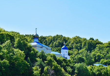 Beautiful view of the top of the Christian Orthodox Church in the forest, Tatarstan, Russia.の写真素材