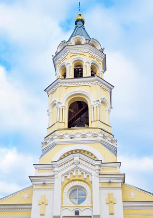 Beautiful view of the Orthodox, yellow, old Church in Stavropol.の写真素材
