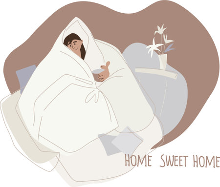 A swarthy young girl with a cup in her hand wrapped herself in a large light blanket. Home Sweet Home. Vector flat illustrationのイラスト素材