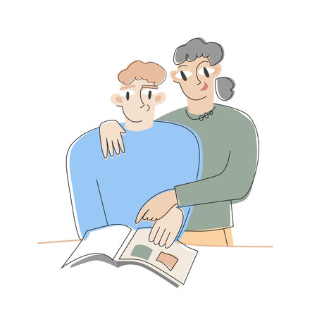 A young man with his mother is looking at a photo album. Vector flat illustrationのイラスト素材