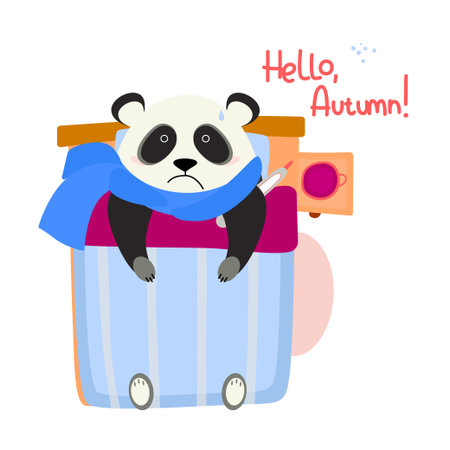 Cute sad panda is sick, flat vector illustrationのイラスト素材