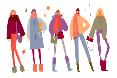 Set of autumn young girls vector flat illustrationのイラスト素材