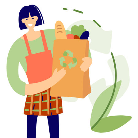 Happy girl holding craft bag, recyclingのイラスト素材