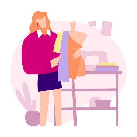 Woman creates a dress on a dummy, fashion designerのイラスト素材