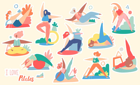Set of funny young women doing pilates and yogaのイラスト素材