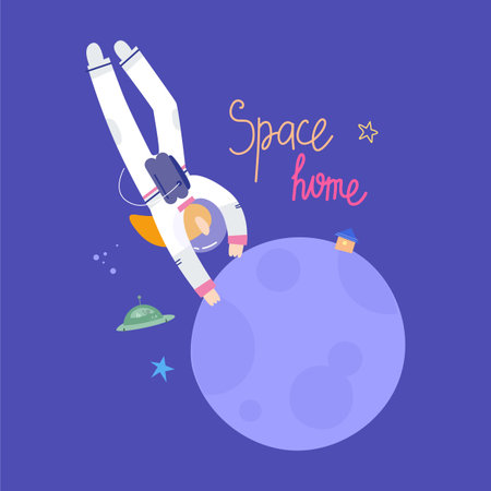 Woman astronaut flies to the planet with a houseのイラスト素材