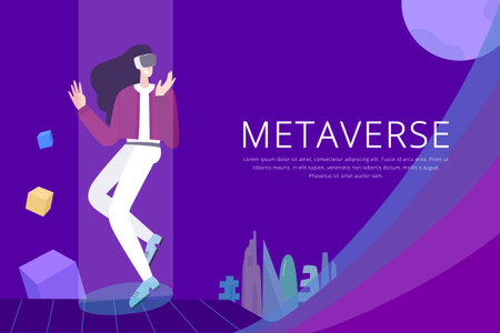 Metaverse, a young woman flies in virtual realityのイラスト素材