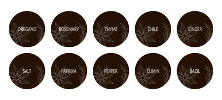Black and white food labels or stickers. For marking kitchen food containers with spices. Vector setのイラスト素材