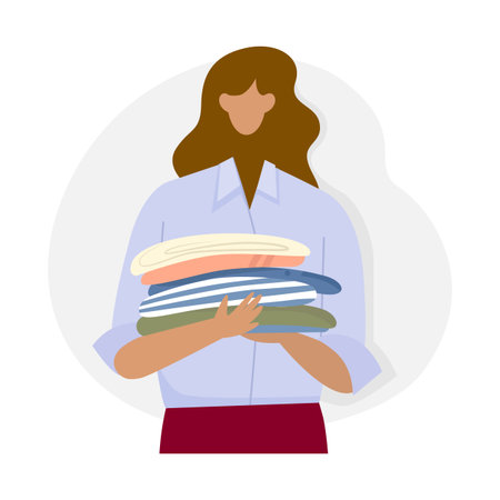 Stylish young woman holding clothes for donation or recyclingのイラスト素材