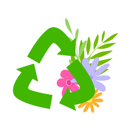 Green recycling sign on the background of plants. Cartoon icon with flowers. Ecology conceptのイラスト素材