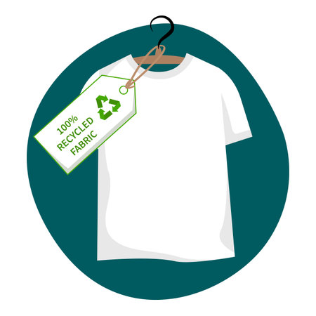 Clothes with label - 100 recycled fabric, percent sign. White t-shirt on hanger with eco label, clothing recyclingのイラスト素材