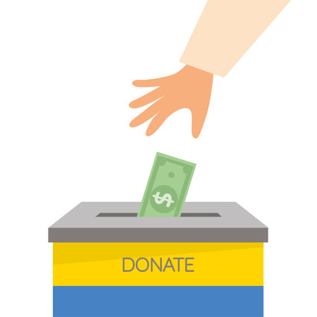 Donate to help Ukraine. The hand throws a dollar for a donation. Vectorのイラスト素材