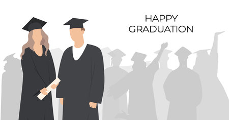 Young guy and girl graduates against the background of a happy crowd of graduates, silhouettes. Graduation. Vectorのイラスト素材