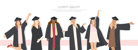 A group of young joyful female students. High school graduation. Poster. Vectorのイラスト素材