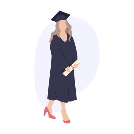 Young girl student with a diploma. Graduate in academic robe and academic cap. minimalist silhouette. Vectorのイラスト素材