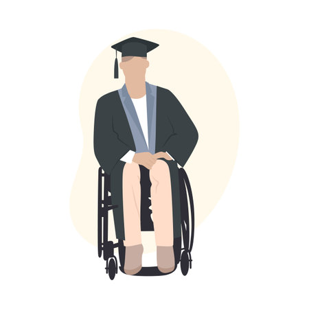 Young male student in a wheelchair. The graduate is disabled. Minimalistic silhouette. Vector illustrationのイラスト素材
