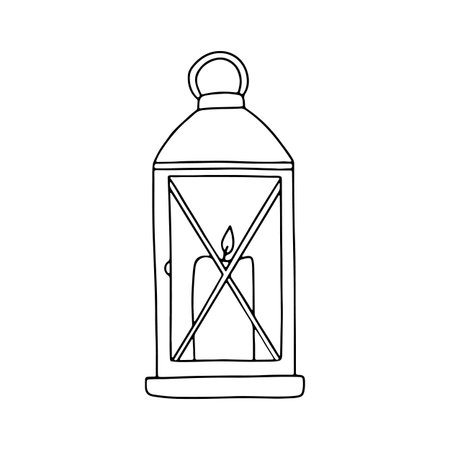 Lantern with a candle for the house. Home interior. Linear illustration. Outline. Vectorのイラスト素材