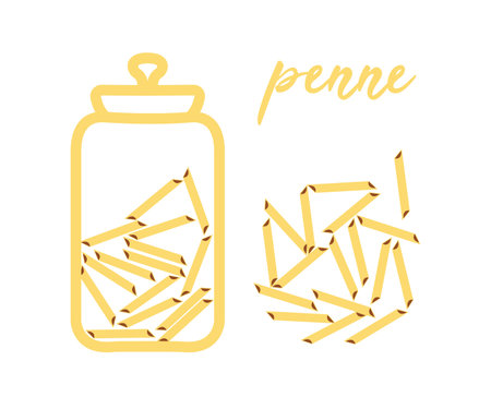 Penne pasta. Vector illustration of yellow Italian pasta in a jar for package or menu design or article.のイラスト素材