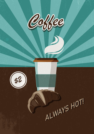 Retro poster with coffee and croissant. A glass of coffee on a rainbow background. Illustration in blue and brown tones. Poster for cafe, restaurant or kitchen decoration.の写真素材