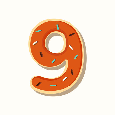 Vector number nine for kids. Orange frosted donut with colored sprinkles for arithmetic or holiday decorations.のイラスト素材