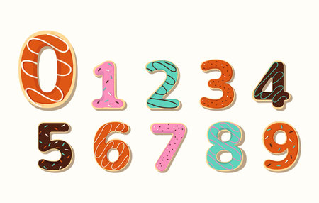 Vector numbers for kids. Donut-shaped numbers with colored icing and sprinkles for arithmetic or holiday decorations.のイラスト素材