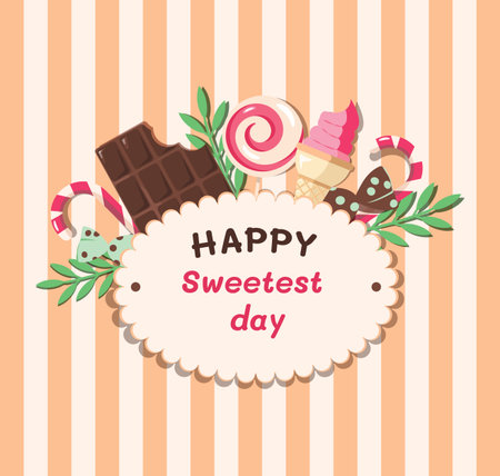 sweetest day. Vector illustration of Sweetest day holiday banner. Sign decorated with candy chocolates and chocolates. Promotional poster for Sweetest day with pink desserts.のイラスト素材