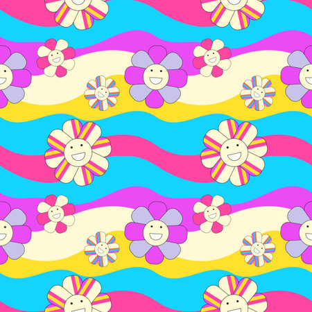 Seamless Pattern Y2k. Seamless vector with smiles and smiles on a background of waves with bright colors. 2000s style pattern for package or fabric print.のイラスト素材